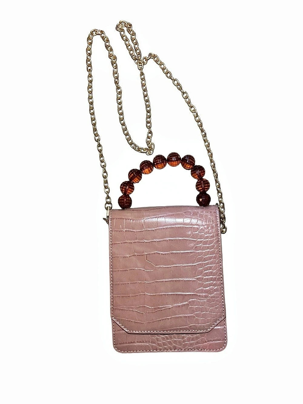 Pink Croc Embossed Mini Bag Chain Strap Beaded Handle